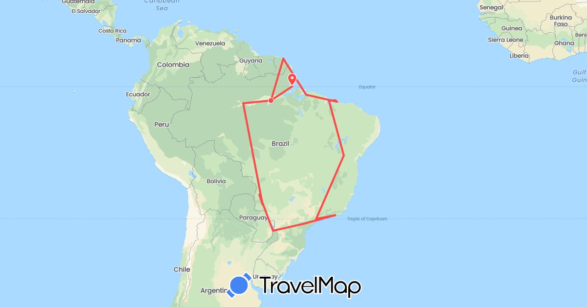 TravelMap itinerary: hiking in Brazil, French Guiana (South America)